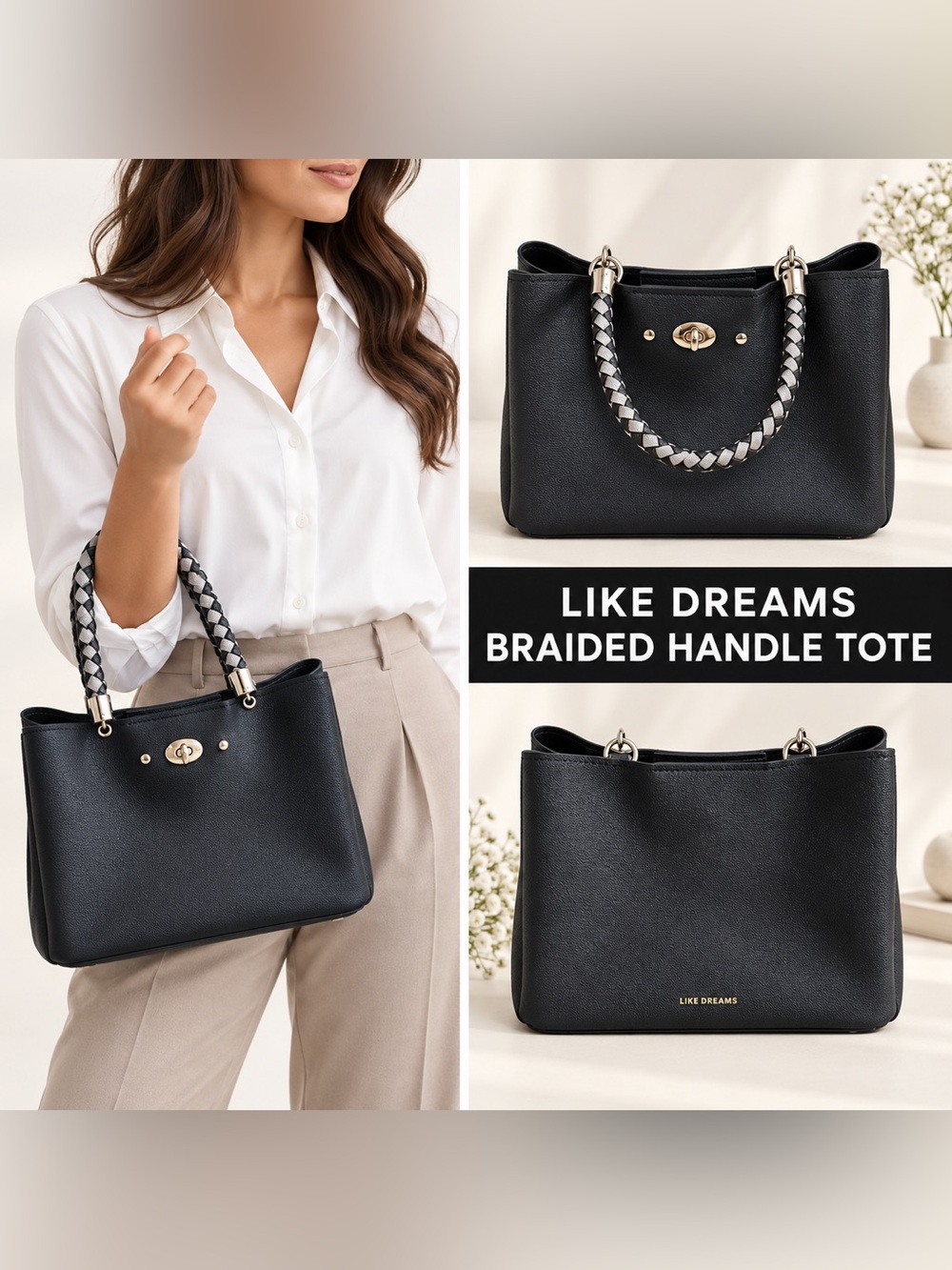Like Dreams Black Faux Leather Tote Bag Braided Handles Strap Missing